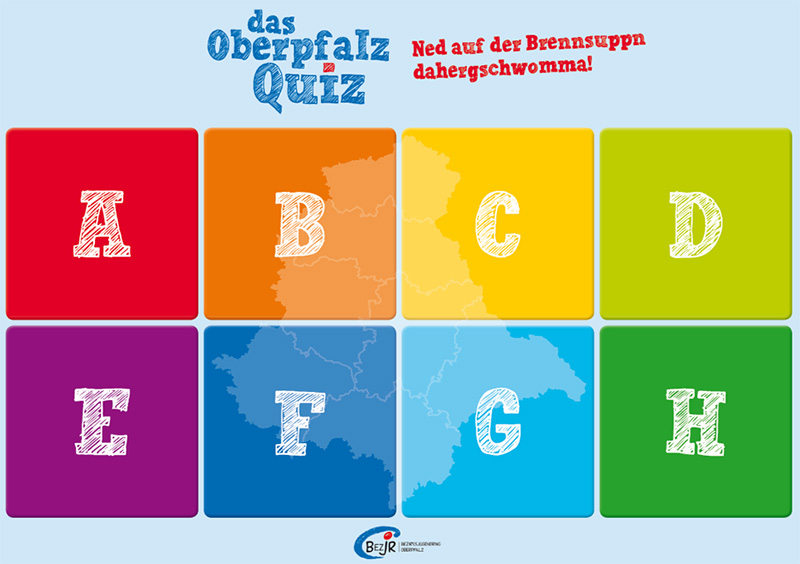 Das Bild zeigt das Spielbrett des Oberpfalz Quiz mit quadratischen bunten Feldern die von A-H beschriftet sind.