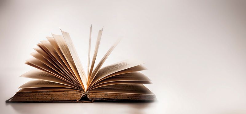 Das Bild zeigt ein antikes Buch liegend von Vorne, dessen Blätter teilweise nach oben stehen.