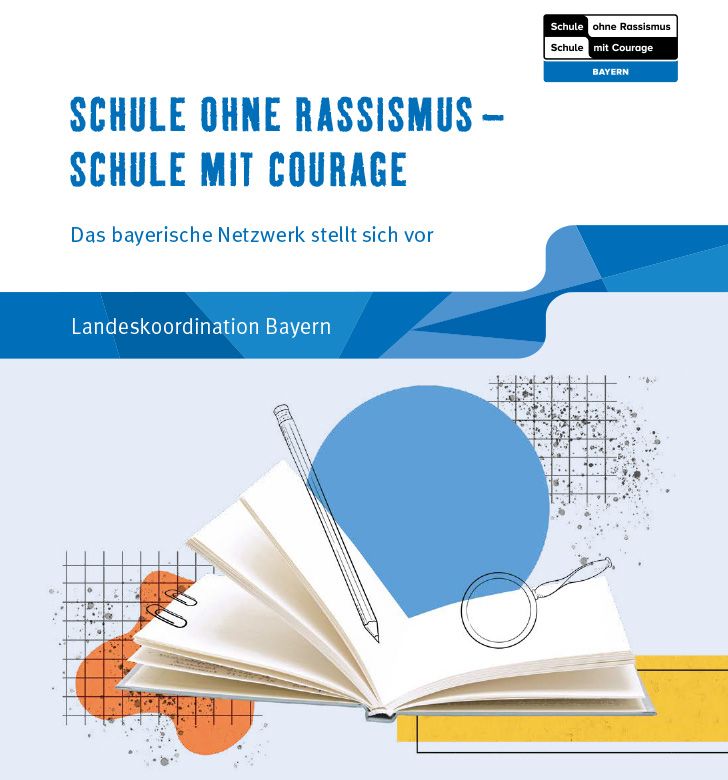 Deckblack der Imagebroschüre Schule ohne Rassismus - Schule mit Courage. Es zeigt ein aufgeschlagenes Buch mit einem Stift und einer Lupe.